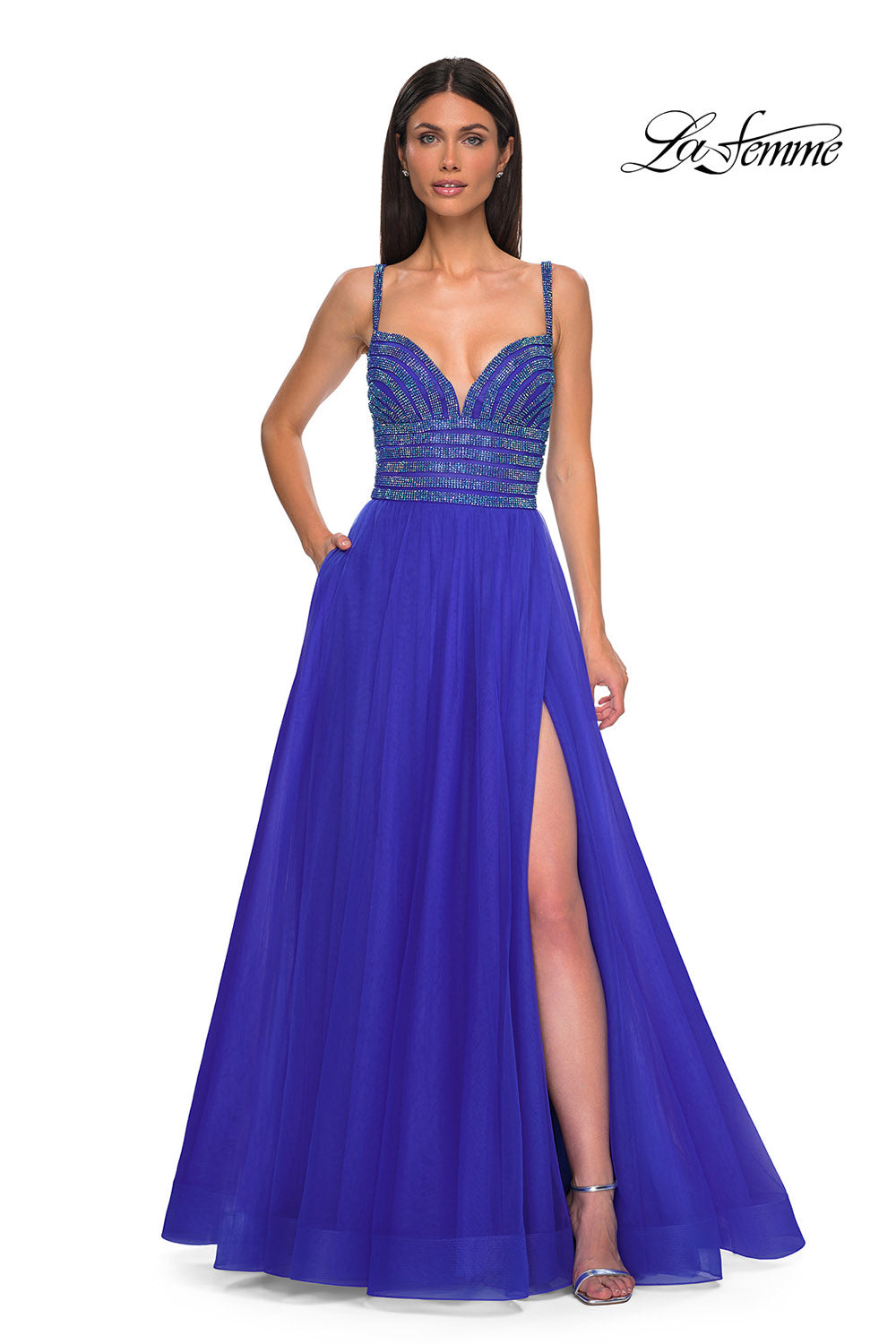 La Femme 32714 prom dress images. La Femme 32714 is available in these colors: Light Periwinkle, Royal Blue.