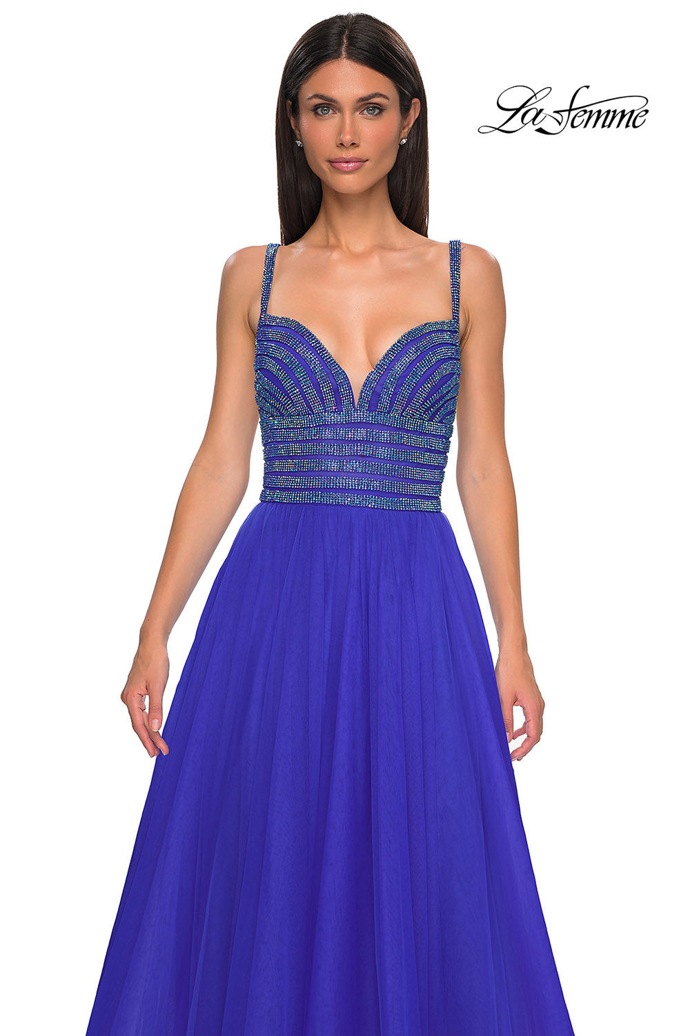 La Femme 32714 prom dress images. La Femme 32714 is available in these colors: Light Periwinkle, Royal Blue.