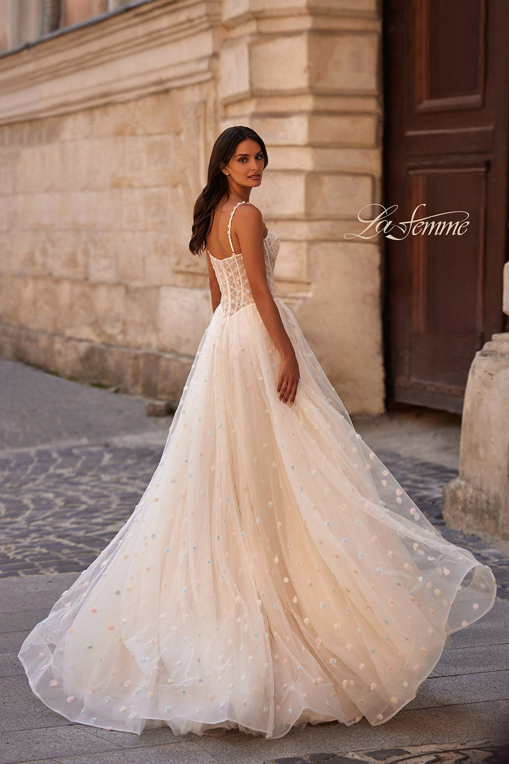 La Femme 32716 prom dress images. La Femme 32716 is available in these colors: Cream, Light Blue, Light Periwinkle.