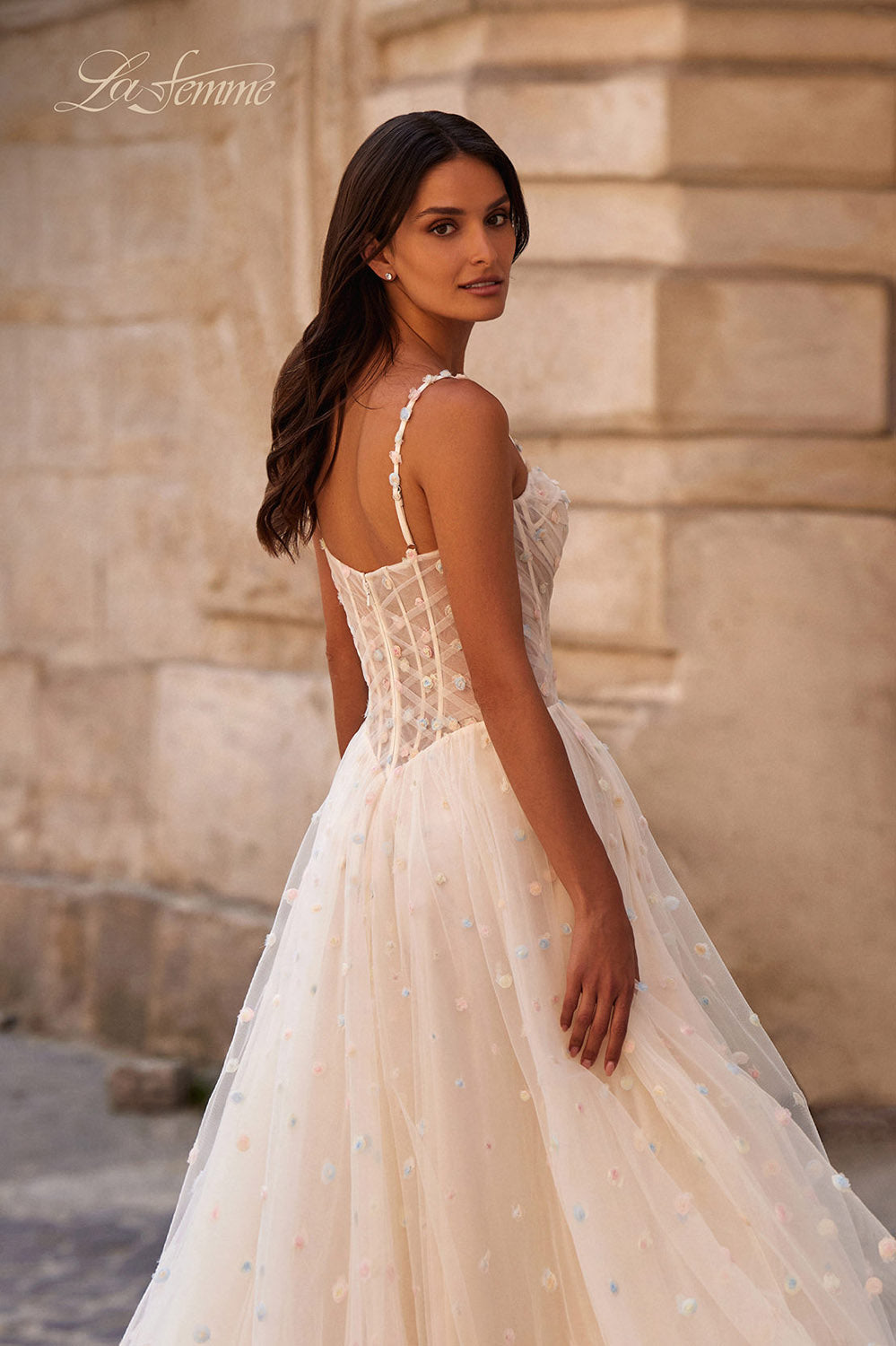 La Femme 32716 prom dress images. La Femme 32716 is available in these colors: Cream, Light Blue, Light Periwinkle.