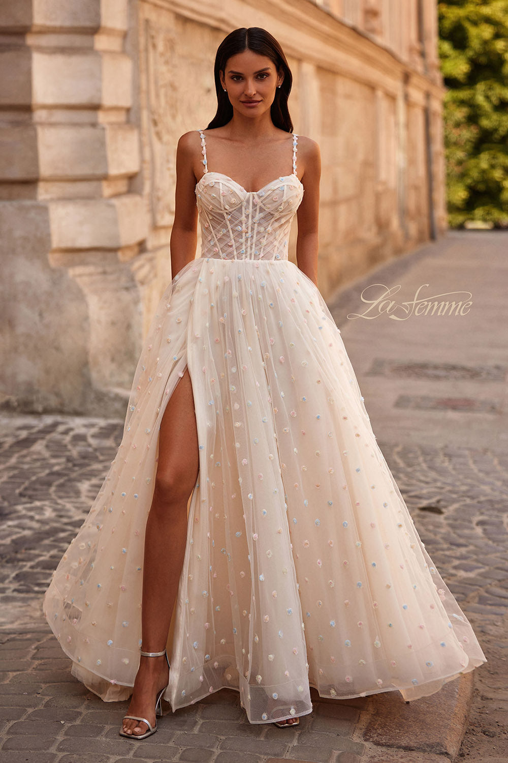 La Femme 32716 prom dress images. La Femme 32716 is available in these colors: Cream, Light Blue, Light Periwinkle.