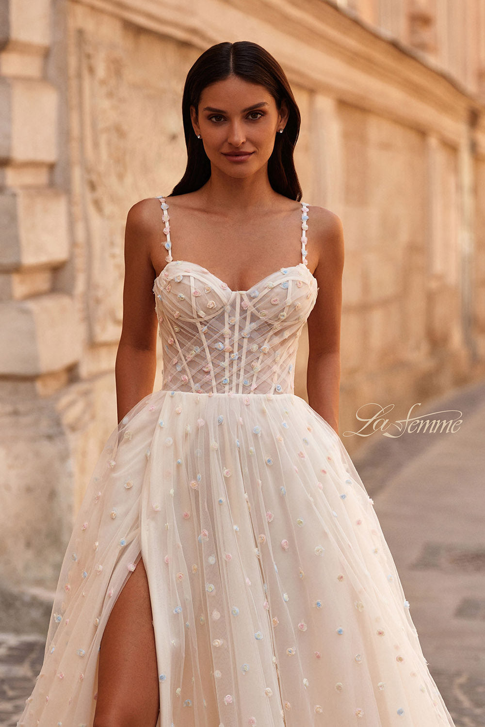 La Femme 32716 prom dress images. La Femme 32716 is available in these colors: Cream, Light Blue, Light Periwinkle.