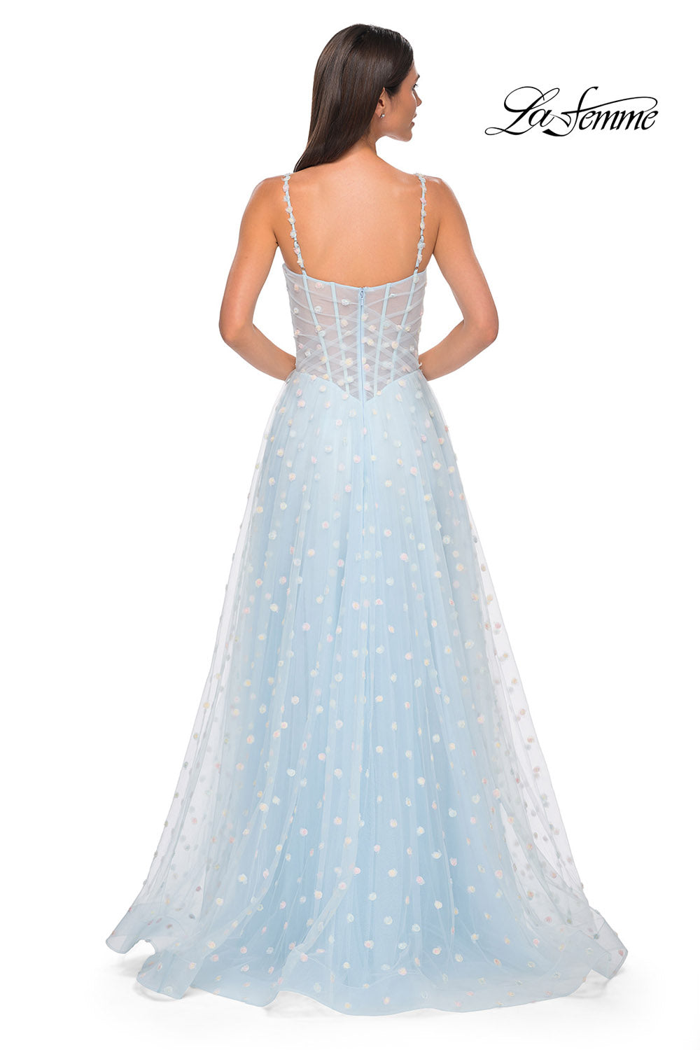 La Femme 32716 prom dress images. La Femme 32716 is available in these colors: Cream, Light Blue, Light Periwinkle.