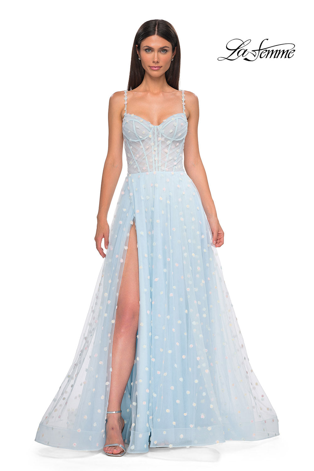 La Femme 32716 prom dress images. La Femme 32716 is available in these colors: Cream, Light Blue, Light Periwinkle.