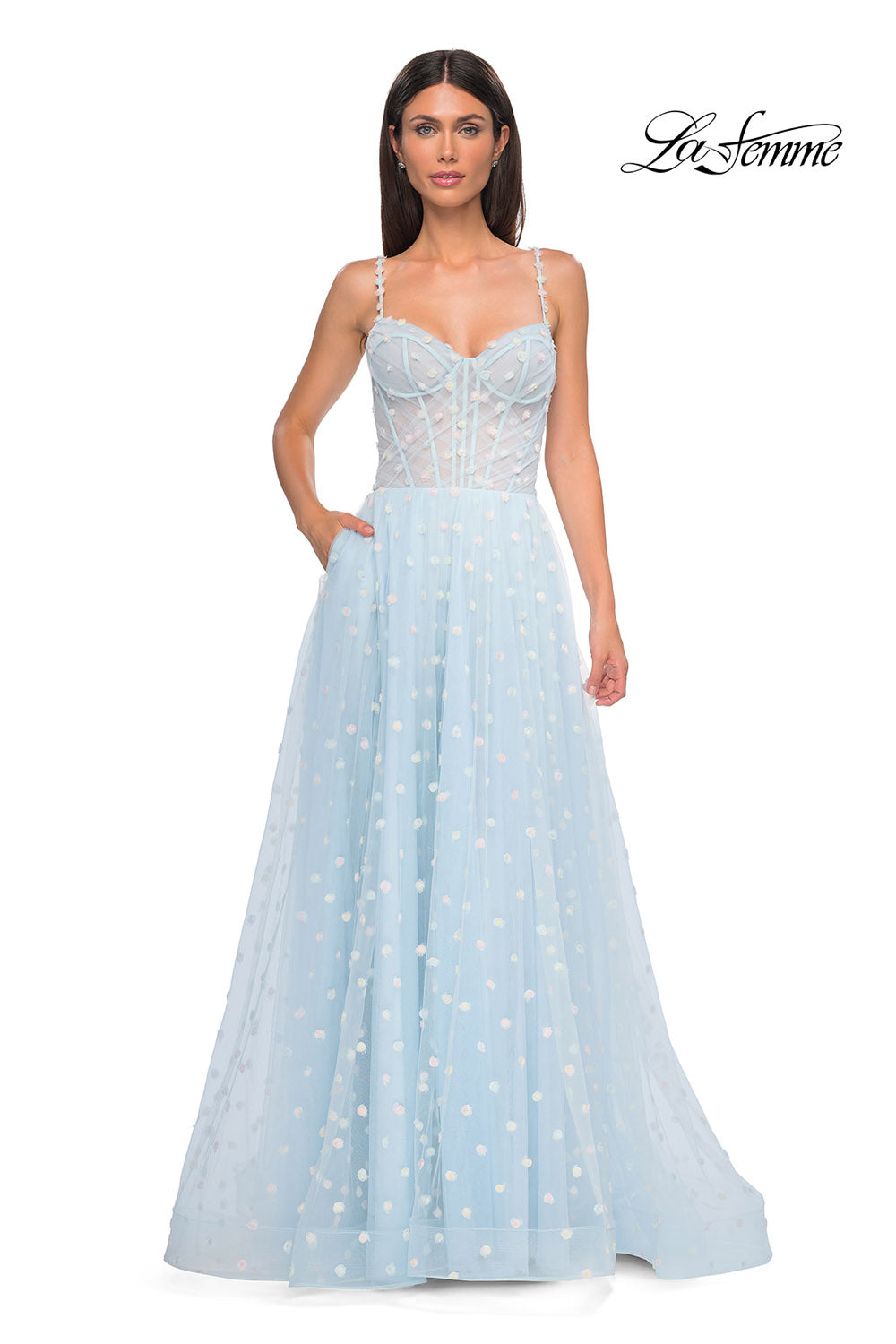 La Femme 32716 prom dress images. La Femme 32716 is available in these colors: Cream, Light Blue, Light Periwinkle.