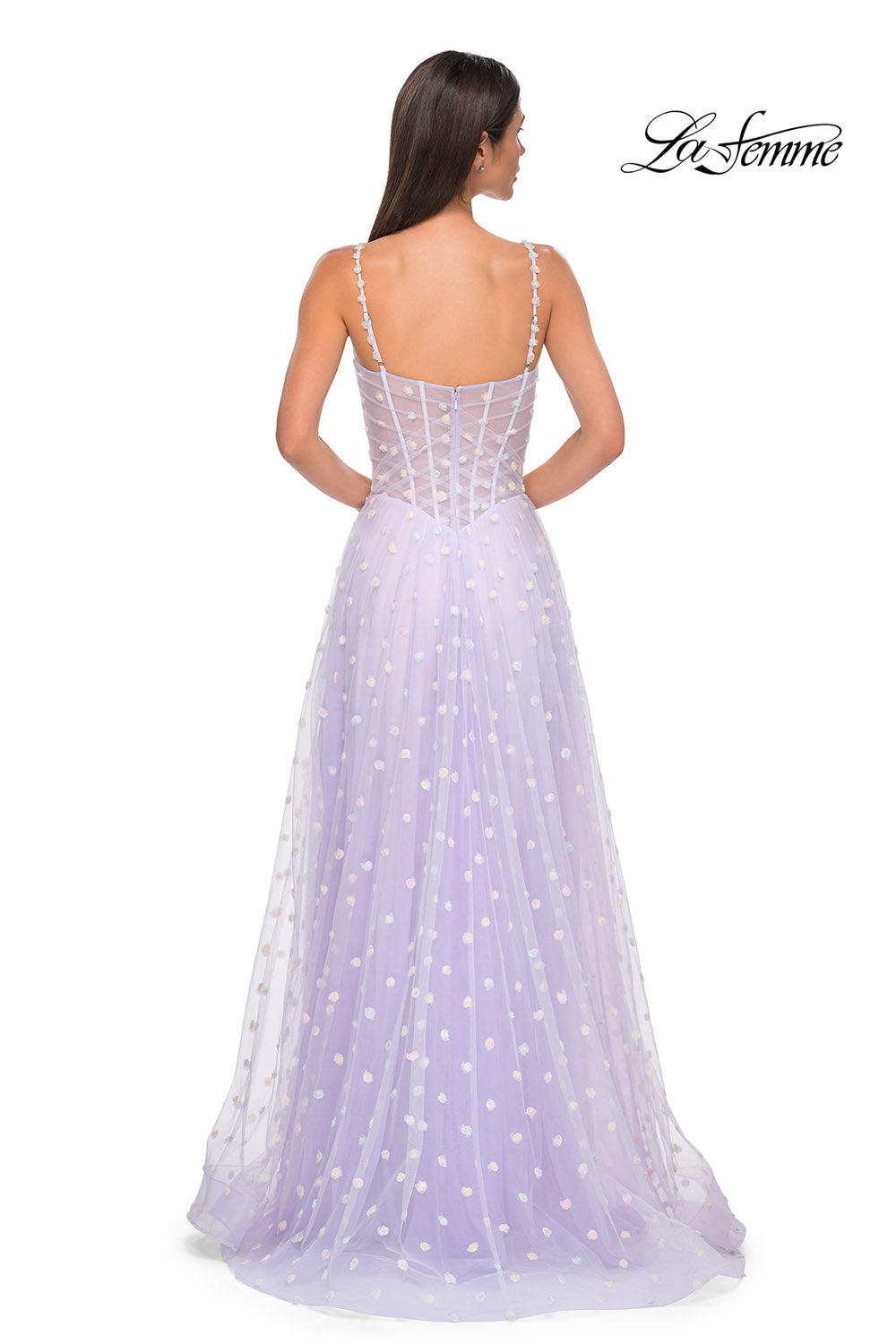 La Femme 32716 prom dress images. La Femme 32716 is available in these colors: Cream, Light Blue, Light Periwinkle.
