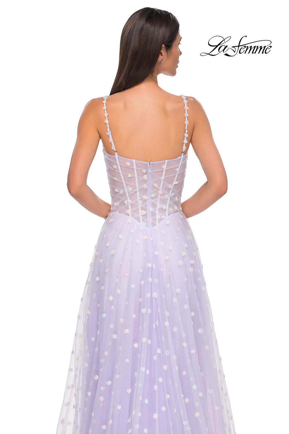 La Femme 32716 prom dress images. La Femme 32716 is available in these colors: Cream, Light Blue, Light Periwinkle.