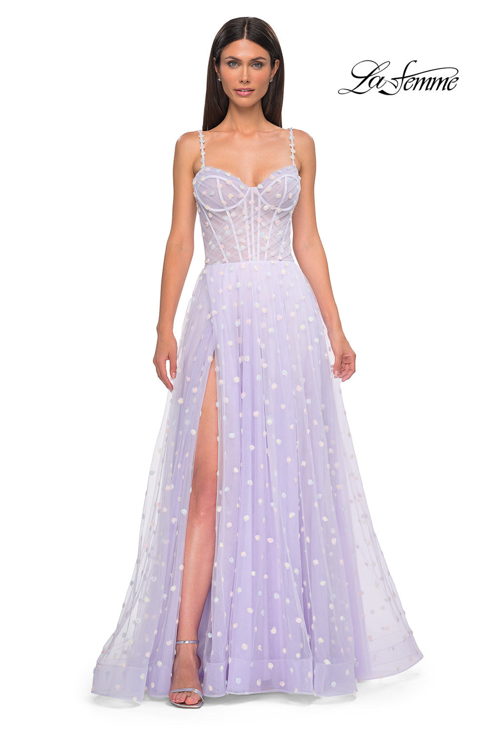 La Femme 32716 prom dress images. La Femme 32716 is available in these colors: Cream, Light Blue, Light Periwinkle.
