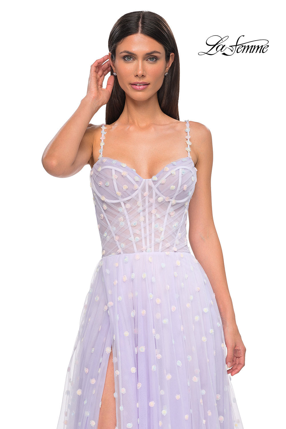 La Femme 32716 prom dress images. La Femme 32716 is available in these colors: Cream, Light Blue, Light Periwinkle.