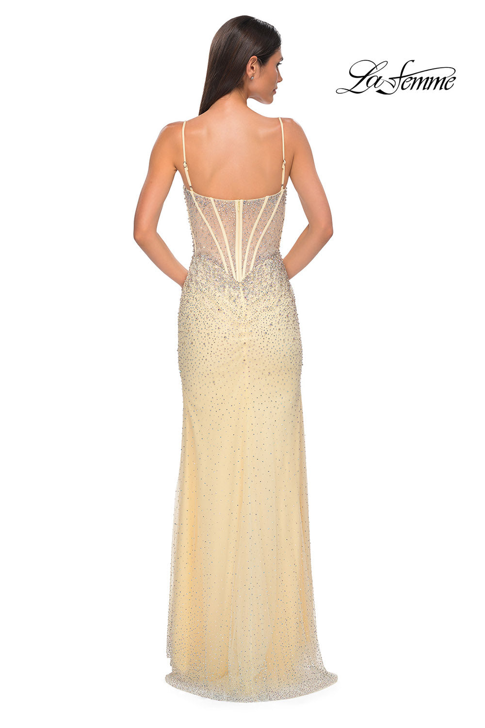 La Femme 32717 prom dress images.  La Femme 32717 is available in these colors: Black, Light Blue, Pale Yellow, Red.