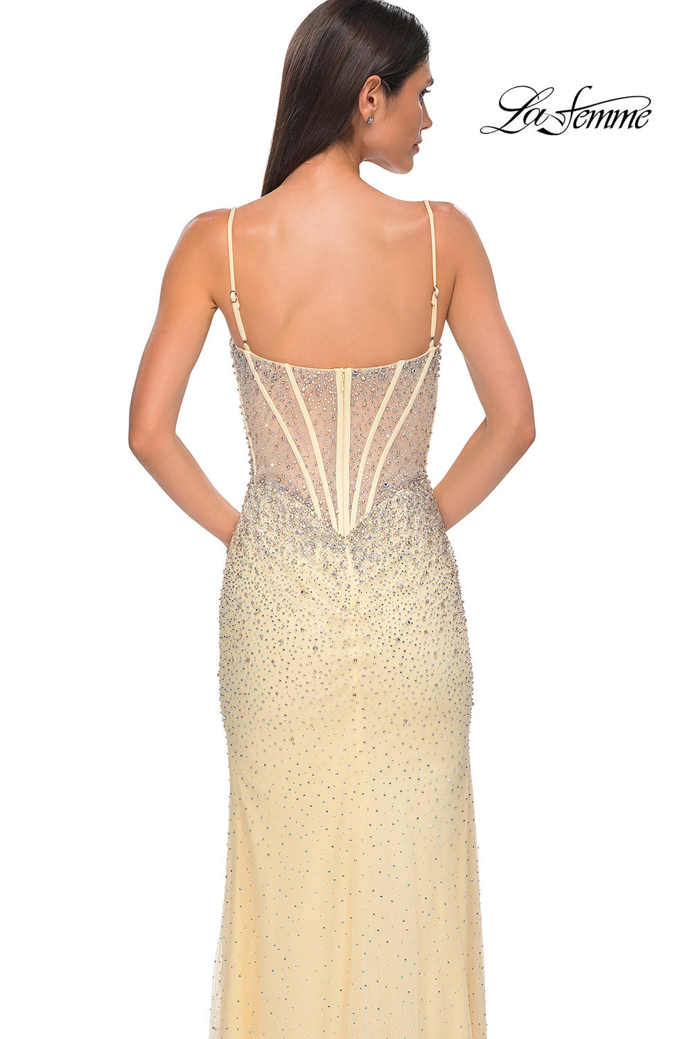 La Femme 32717 prom dress images.  La Femme 32717 is available in these colors: Black, Light Blue, Pale Yellow, Red.