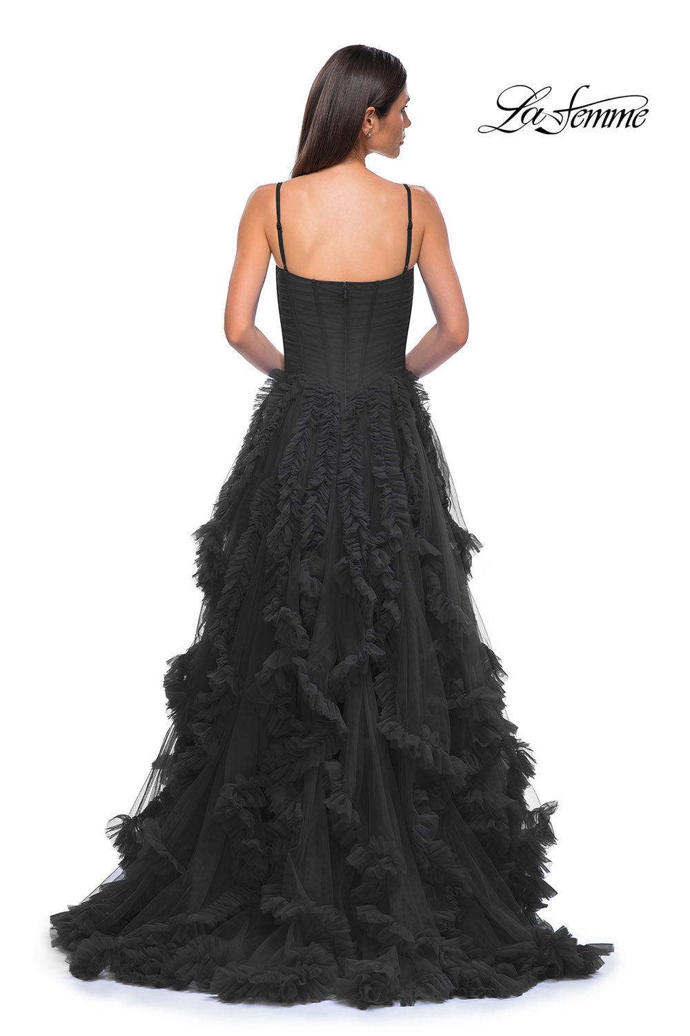 La Femme 32719 prom dress images. La Femme 32719 is available in these colors: Black, Red, Royal Blue.