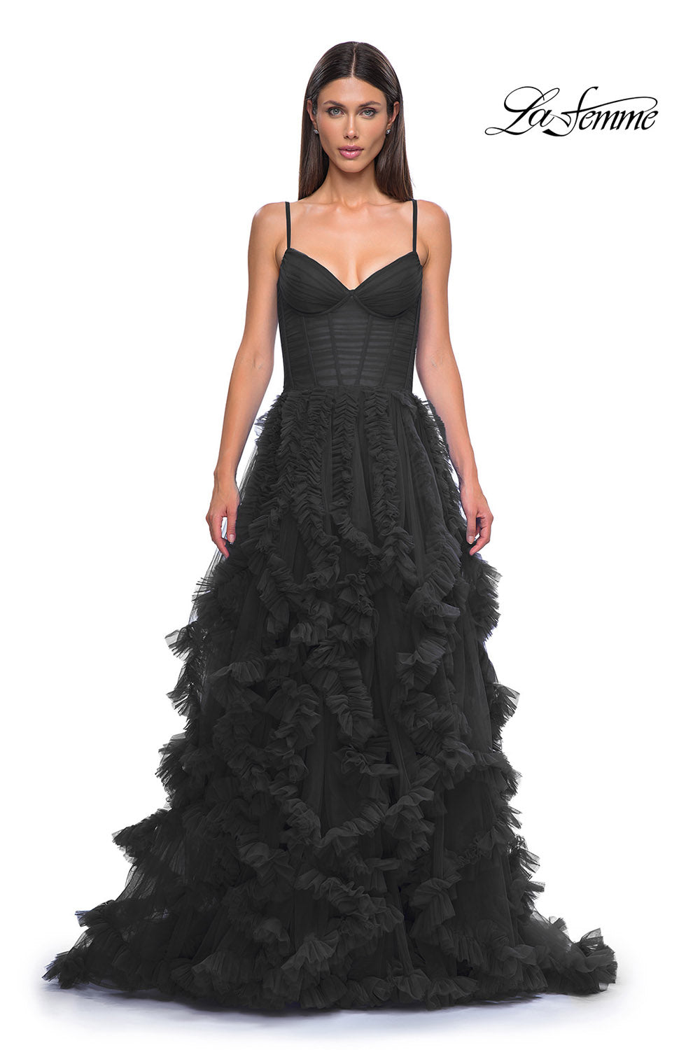 La Femme 32719 prom dress images. La Femme 32719 is available in these colors: Black, Red, Royal Blue.