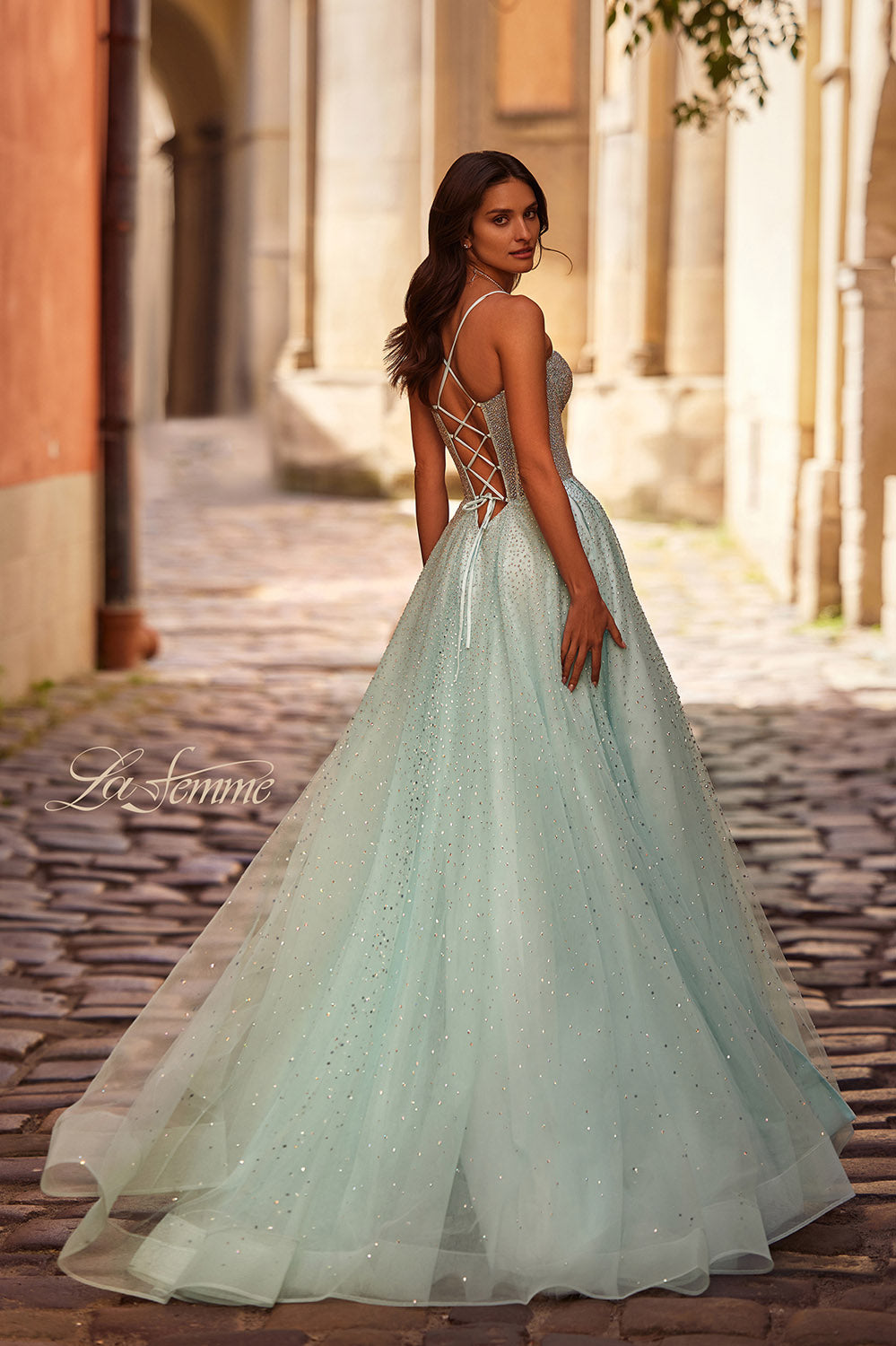 La Femme 32725 prom dress images. La Femme 32725 is available in these colors: Arctic Blue, Blush, Pale Yellow.