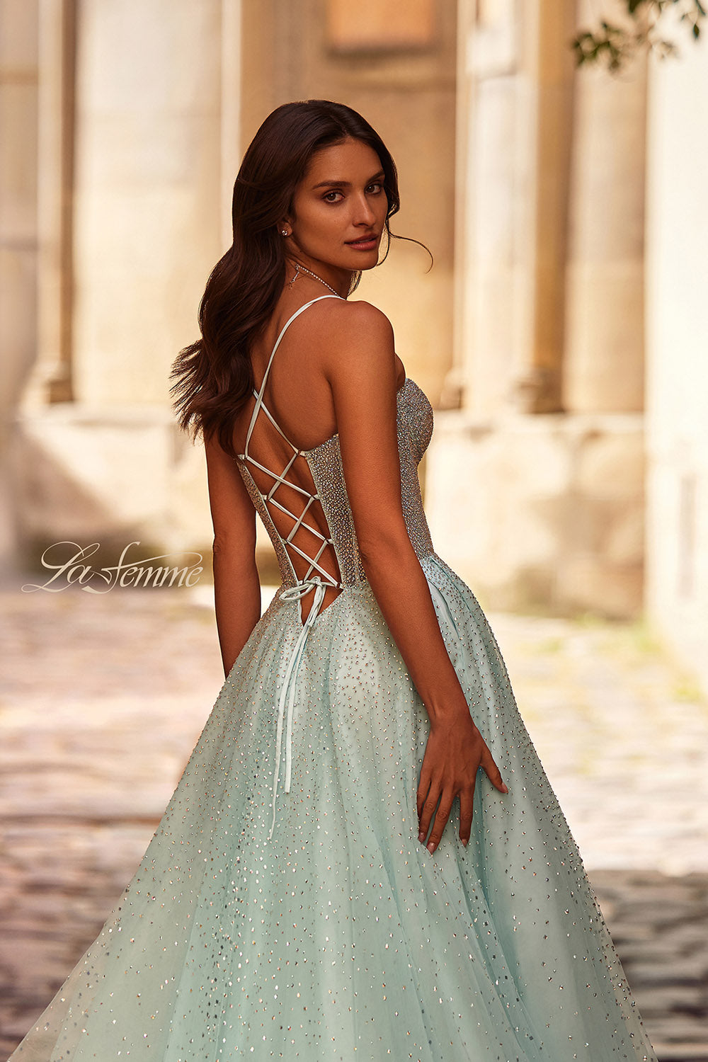 La Femme 32725 prom dress images. La Femme 32725 is available in these colors: Arctic Blue, Blush, Pale Yellow.
