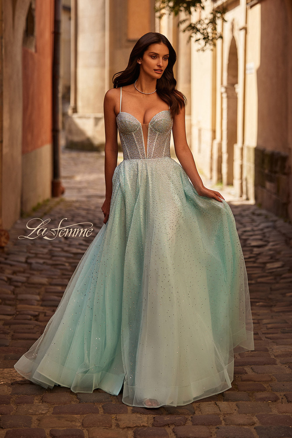 La Femme 32725 prom dress images. La Femme 32725 is available in these colors: Arctic Blue, Blush, Pale Yellow.