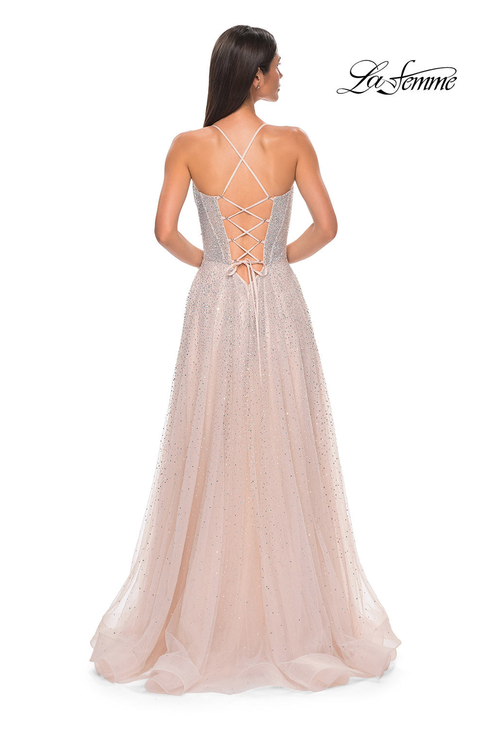 La Femme 32725 prom dress images. La Femme 32725 is available in these colors: Arctic Blue, Blush, Pale Yellow.