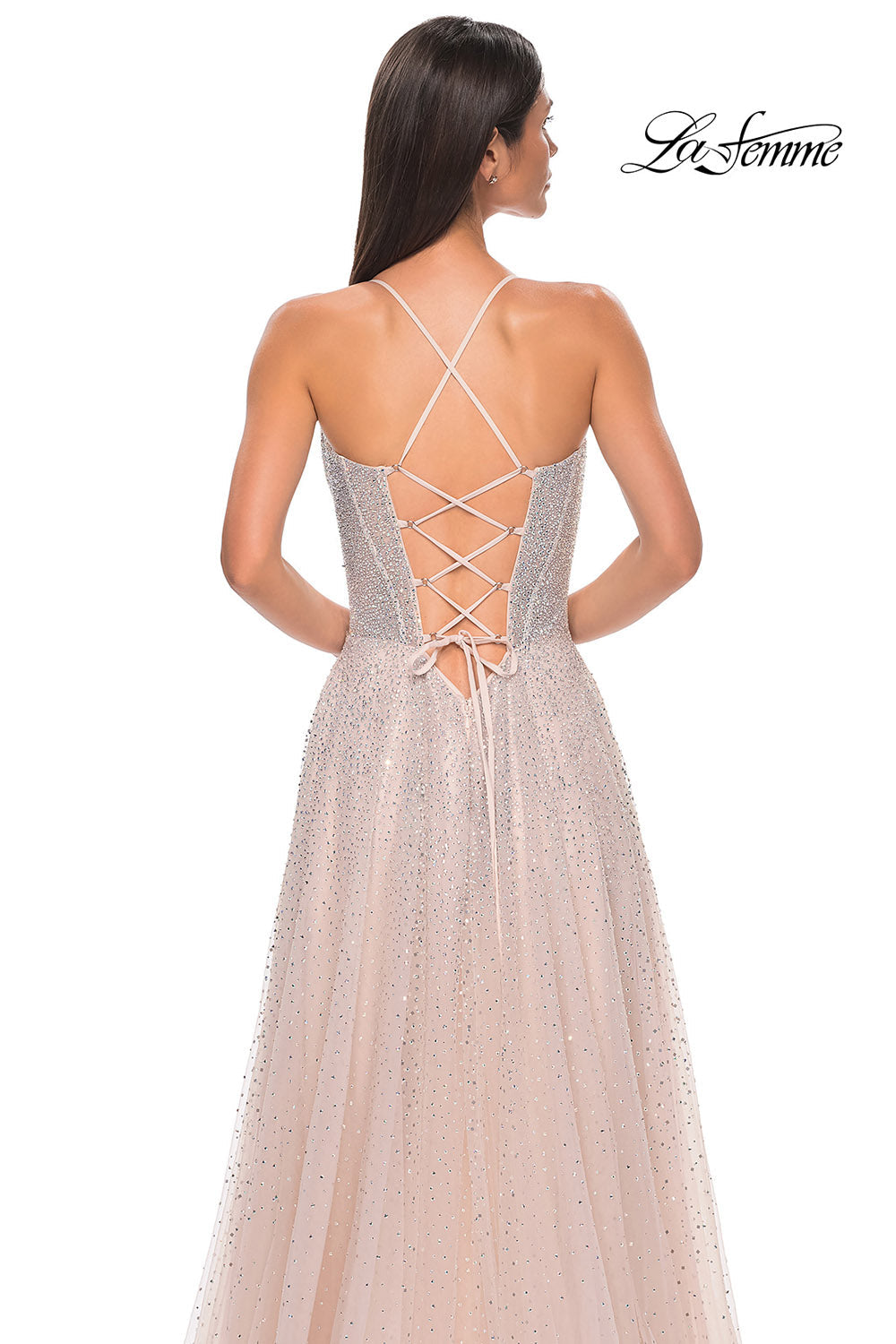 La Femme 32725 prom dress images. La Femme 32725 is available in these colors: Arctic Blue, Blush, Pale Yellow.