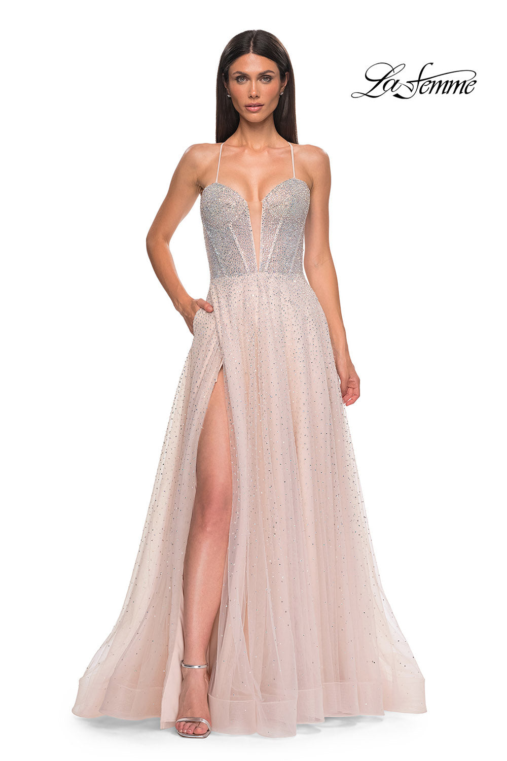 La Femme 32725 prom dress images. La Femme 32725 is available in these colors: Arctic Blue, Blush, Pale Yellow.