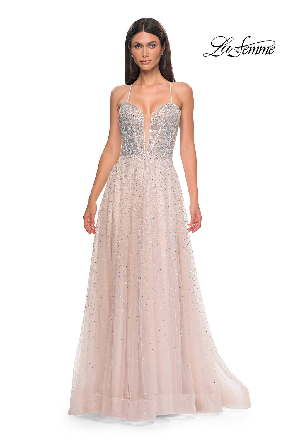 La Femme 32725 prom dress images. La Femme 32725 is available in these colors: Arctic Blue, Blush, Pale Yellow.