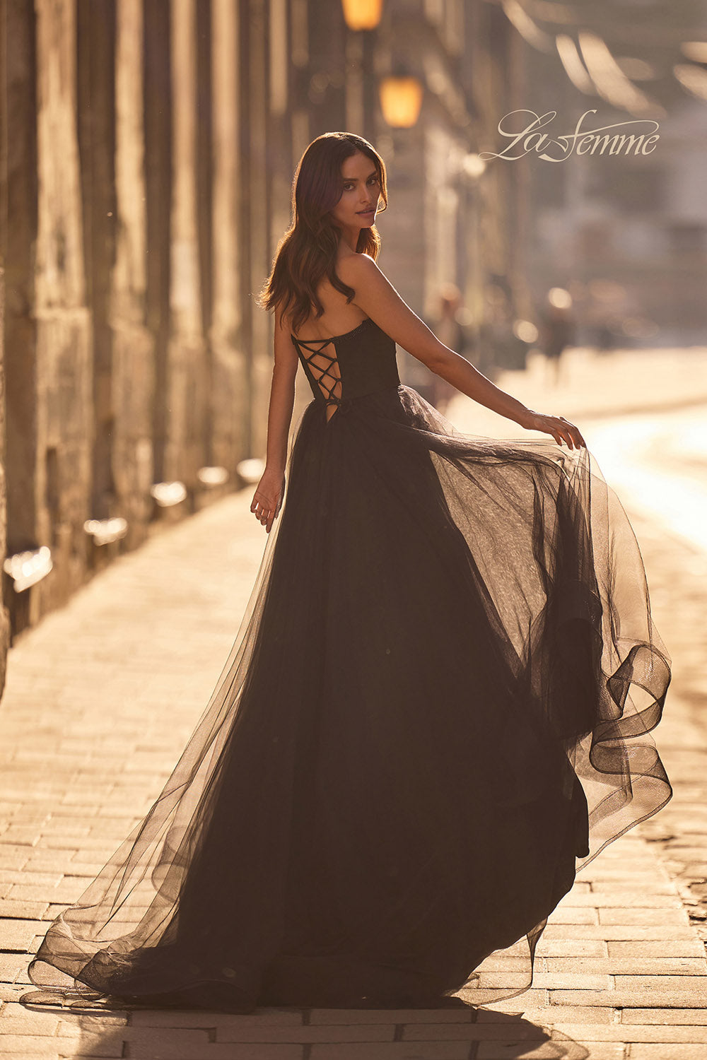 La Femme 32731 prom dress images. La Femme 32731 is available in these colors: Black, Pale Yellow, Royal Blue.