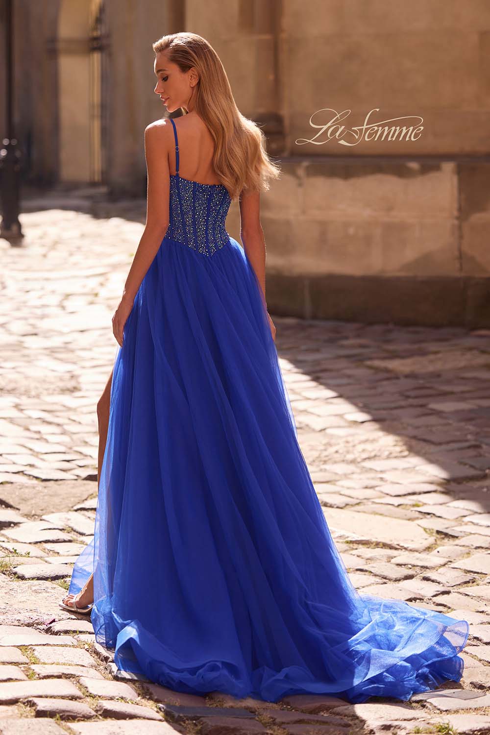 La Femme 32754 prom dress images. La Femme 32754 is available in these colors: Dark Teal, Royal Blue, Royal Purple.
