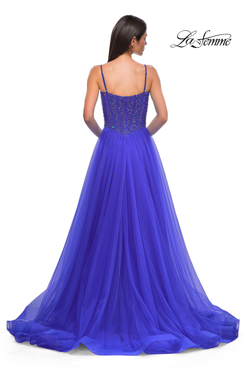 La Femme 32754 prom dress images. La Femme 32754 is available in these colors: Dark Teal, Royal Blue, Royal Purple.