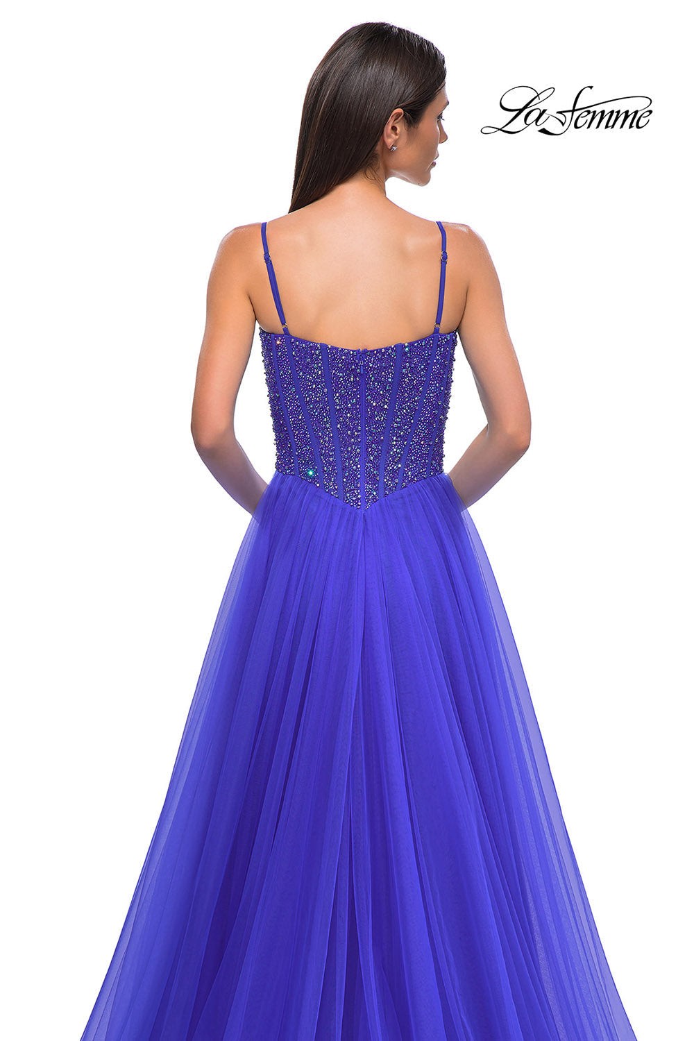 La Femme 32754 prom dress images. La Femme 32754 is available in these colors: Dark Teal, Royal Blue, Royal Purple.