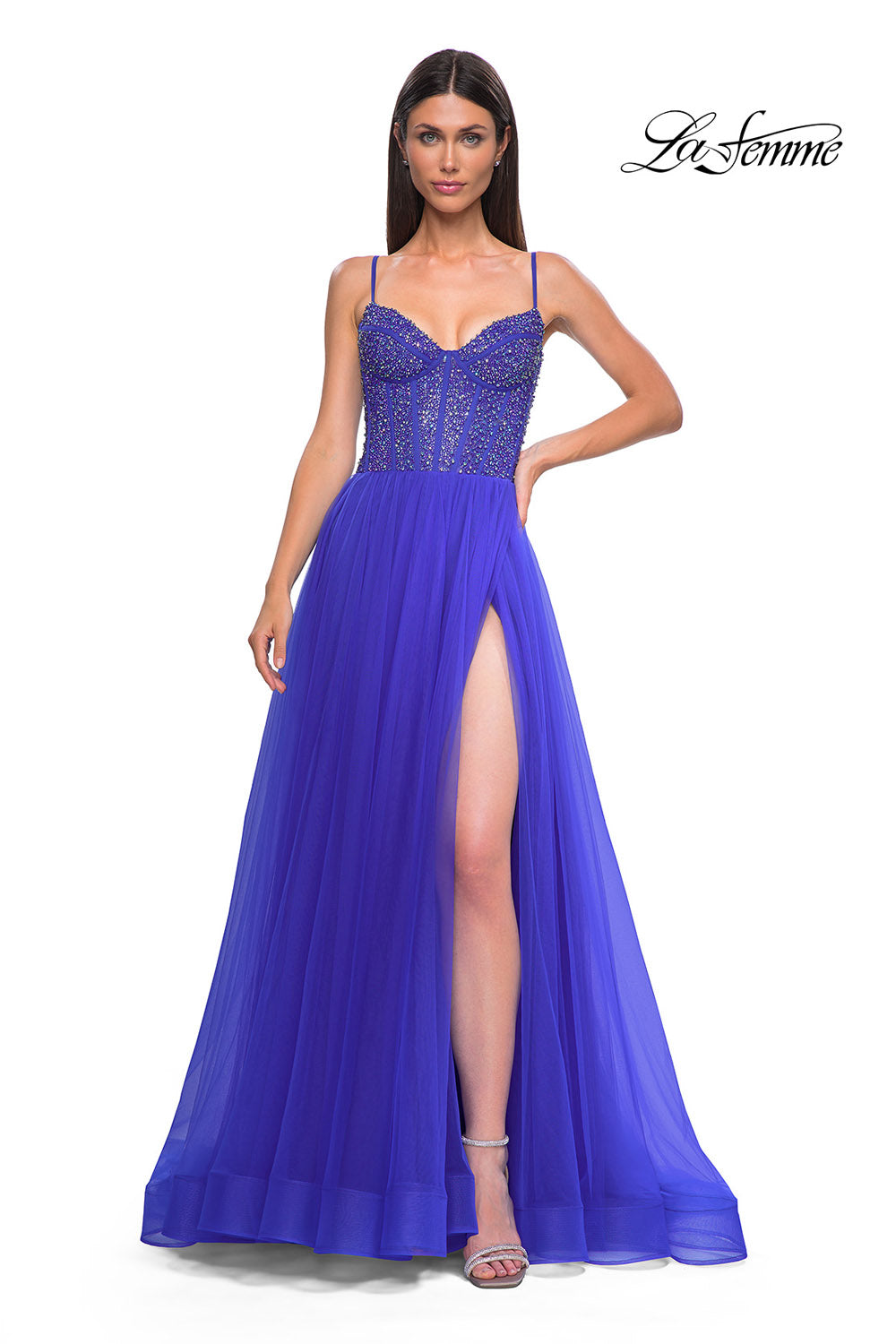 La Femme 32754 prom dress images. La Femme 32754 is available in these colors: Dark Teal, Royal Blue, Royal Purple.