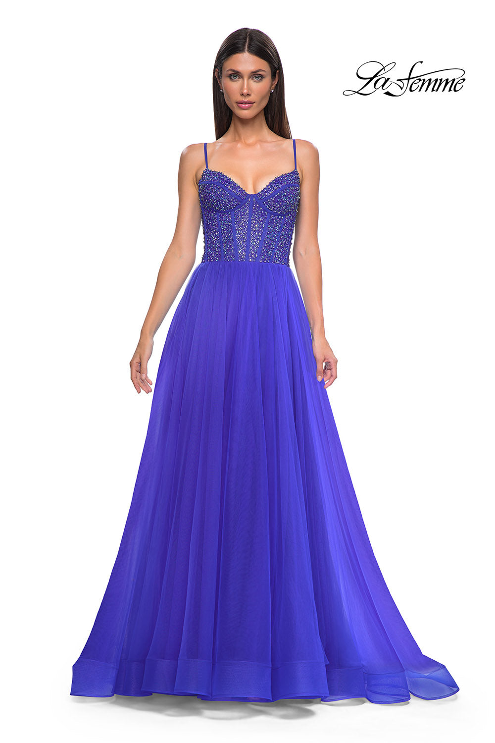 La Femme 32754 prom dress images. La Femme 32754 is available in these colors: Dark Teal, Royal Blue, Royal Purple.