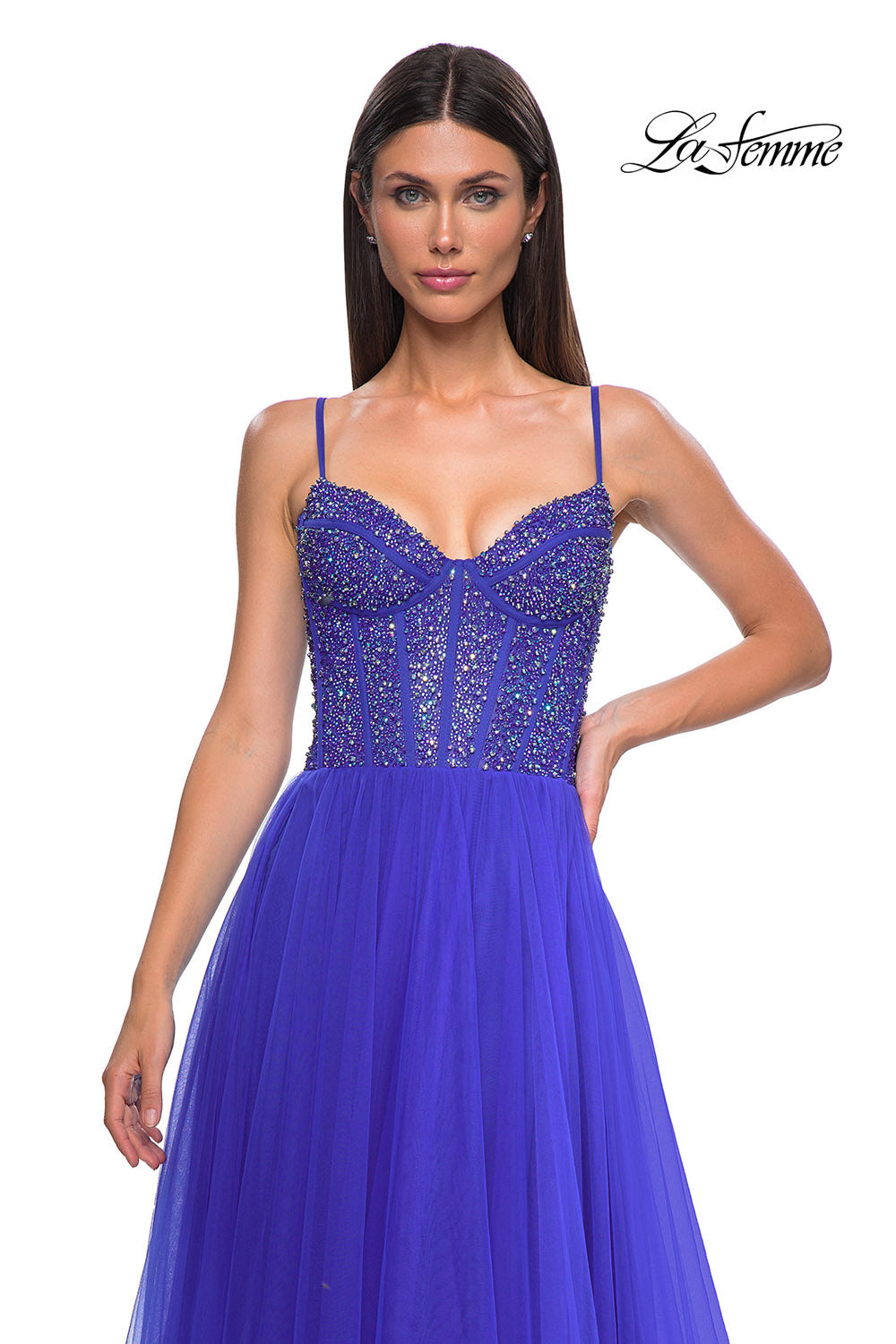 La Femme 32754 prom dress images. La Femme 32754 is available in these colors: Dark Teal, Royal Blue, Royal Purple.
