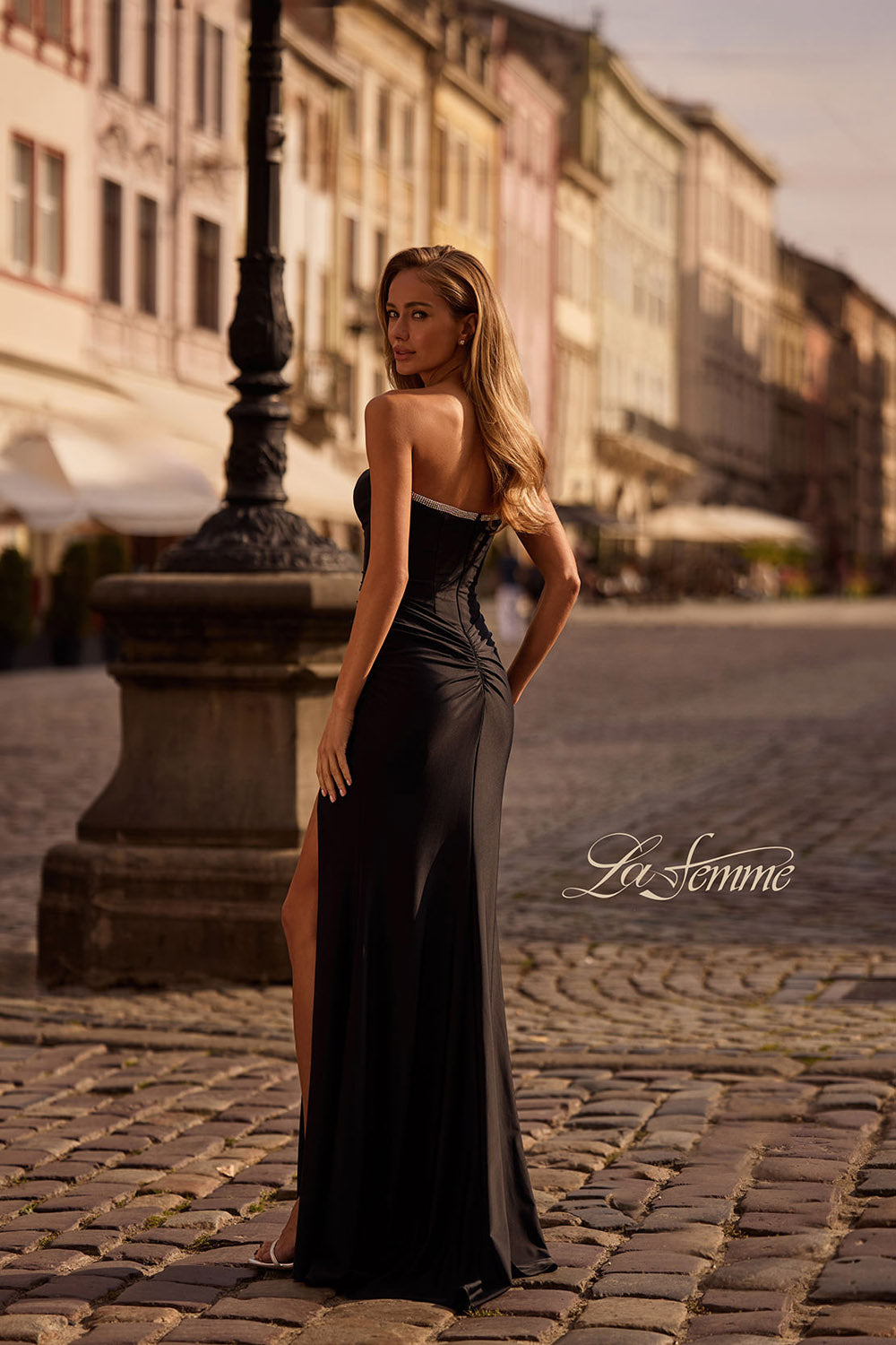 La Femme 32756 prom dress images. La Femme 32756 is available in these colors: Black, Dark Teal, Red.