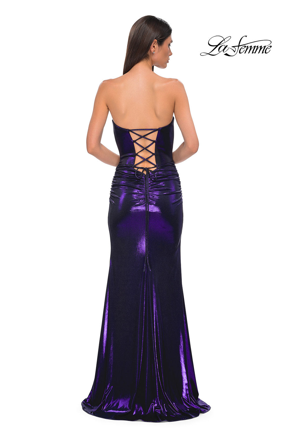 La Femme 32757 prom dress images. La Femme 32757 is available in these colors: Champagne, Hot Pink, Navy, Purple.