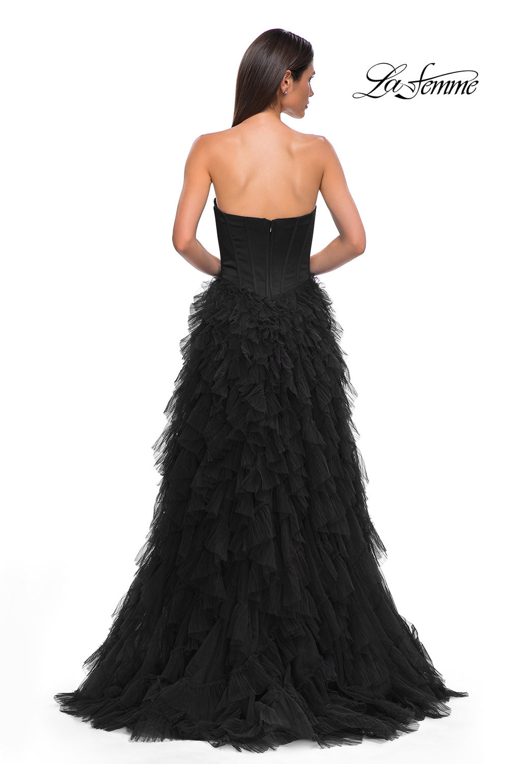 La Femme 32760 prom dress images. La Femme 32760 is available in these colors: Black, Dark Berry.