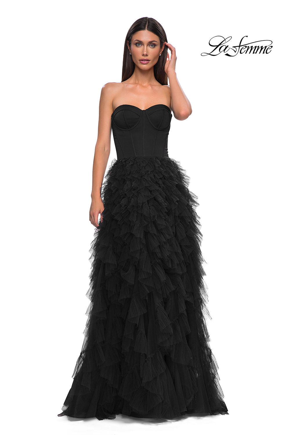 La Femme 32760 prom dress images. La Femme 32760 is available in these colors: Black, Dark Berry.