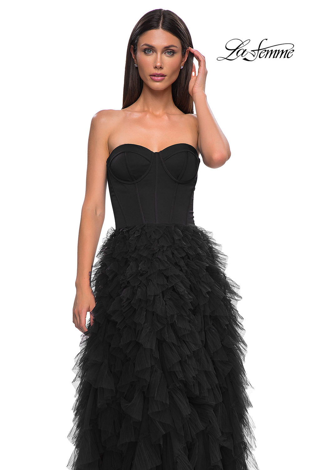 La Femme 32760 prom dress images. La Femme 32760 is available in these colors: Black, Dark Berry.