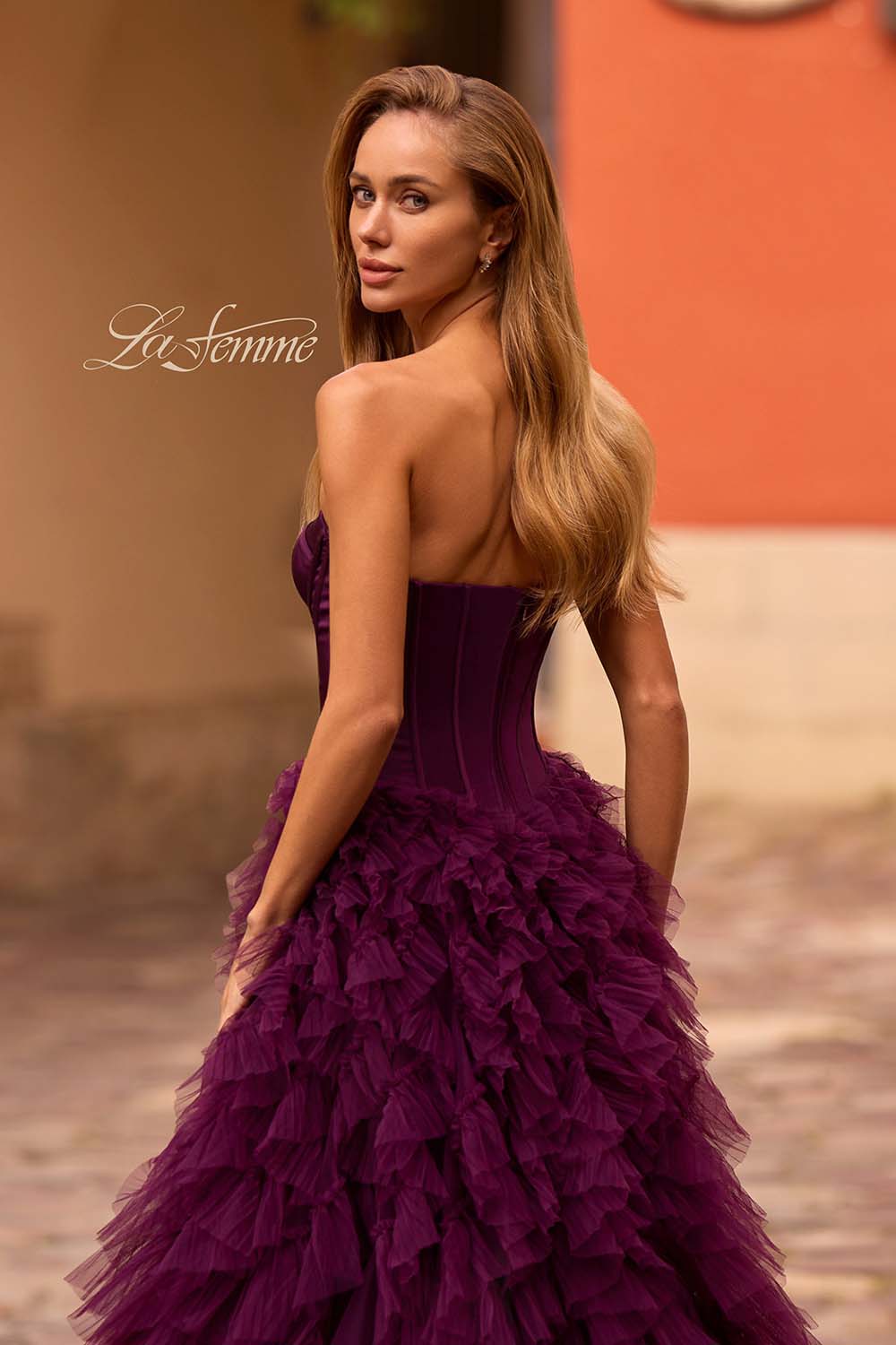 La Femme 32760 prom dress images. La Femme 32760 is available in these colors: Black, Dark Berry.