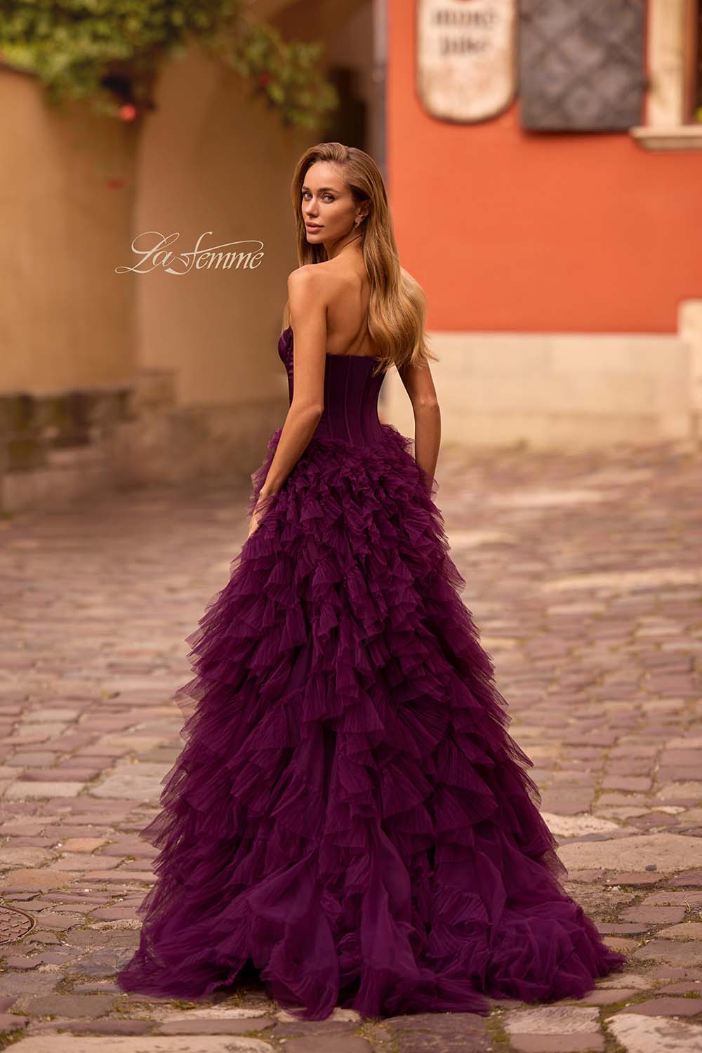 La Femme 32760 prom dress images. La Femme 32760 is available in these colors: Black, Dark Berry.