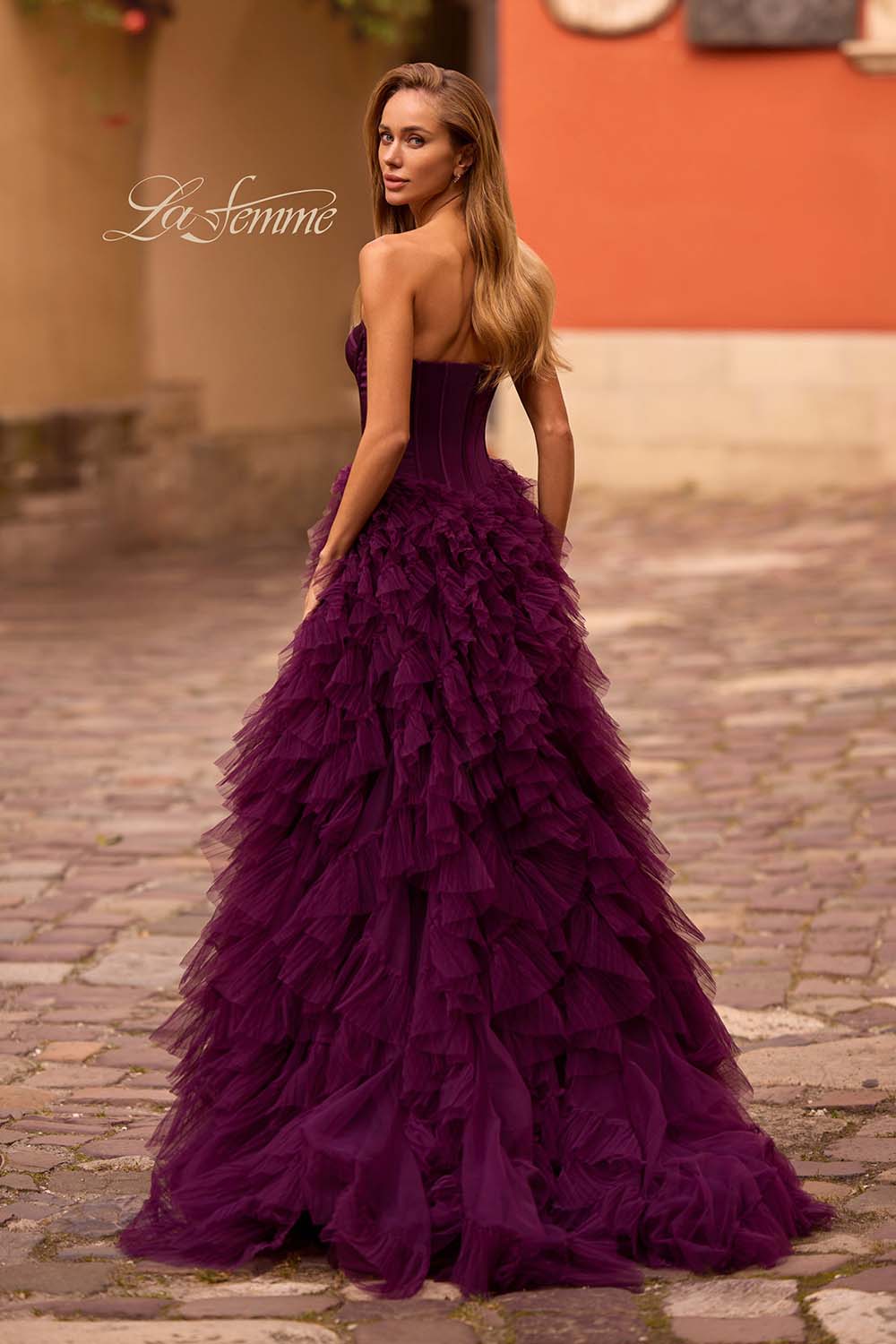 La Femme 32760 prom dress images. La Femme 32760 is available in these colors: Black, Dark Berry.
