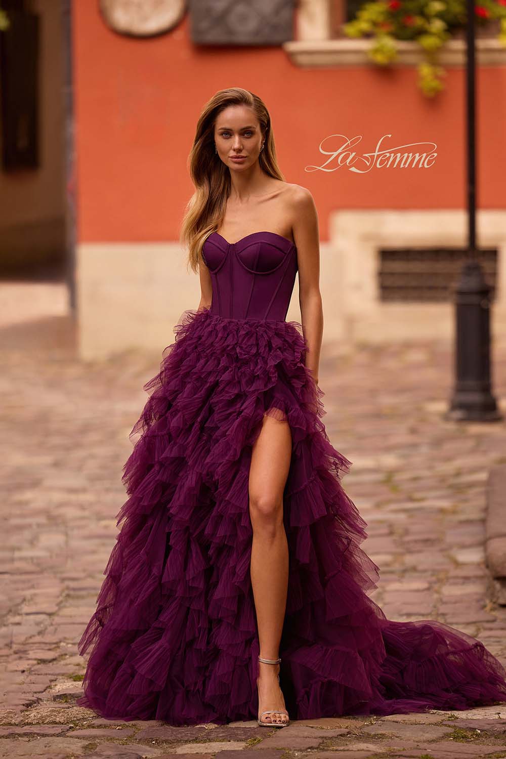 La Femme 32760 prom dress images. La Femme 32760 is available in these colors: Black, Dark Berry.