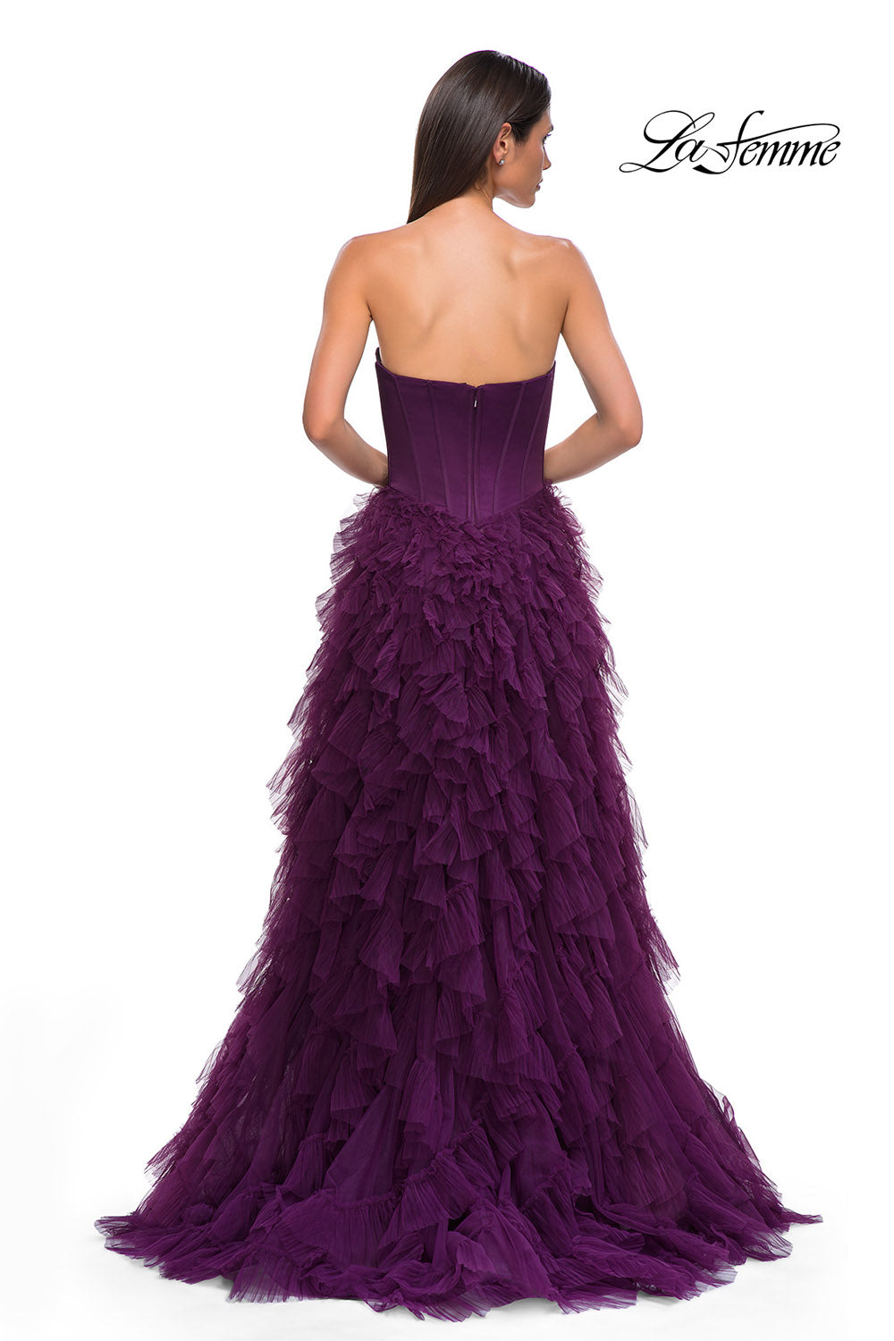 La Femme 32760 prom dress images. La Femme 32760 is available in these colors: Black, Dark Berry.