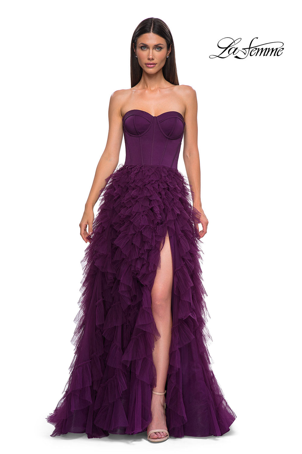 La Femme 32760 prom dress images. La Femme 32760 is available in these colors: Black, Dark Berry.