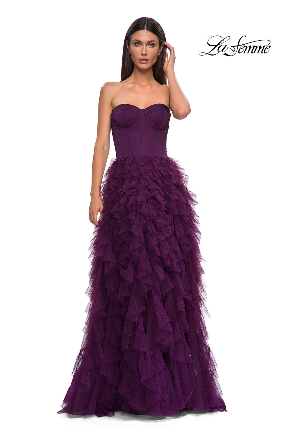 La Femme 32760 prom dress images. La Femme 32760 is available in these colors: Black, Dark Berry.