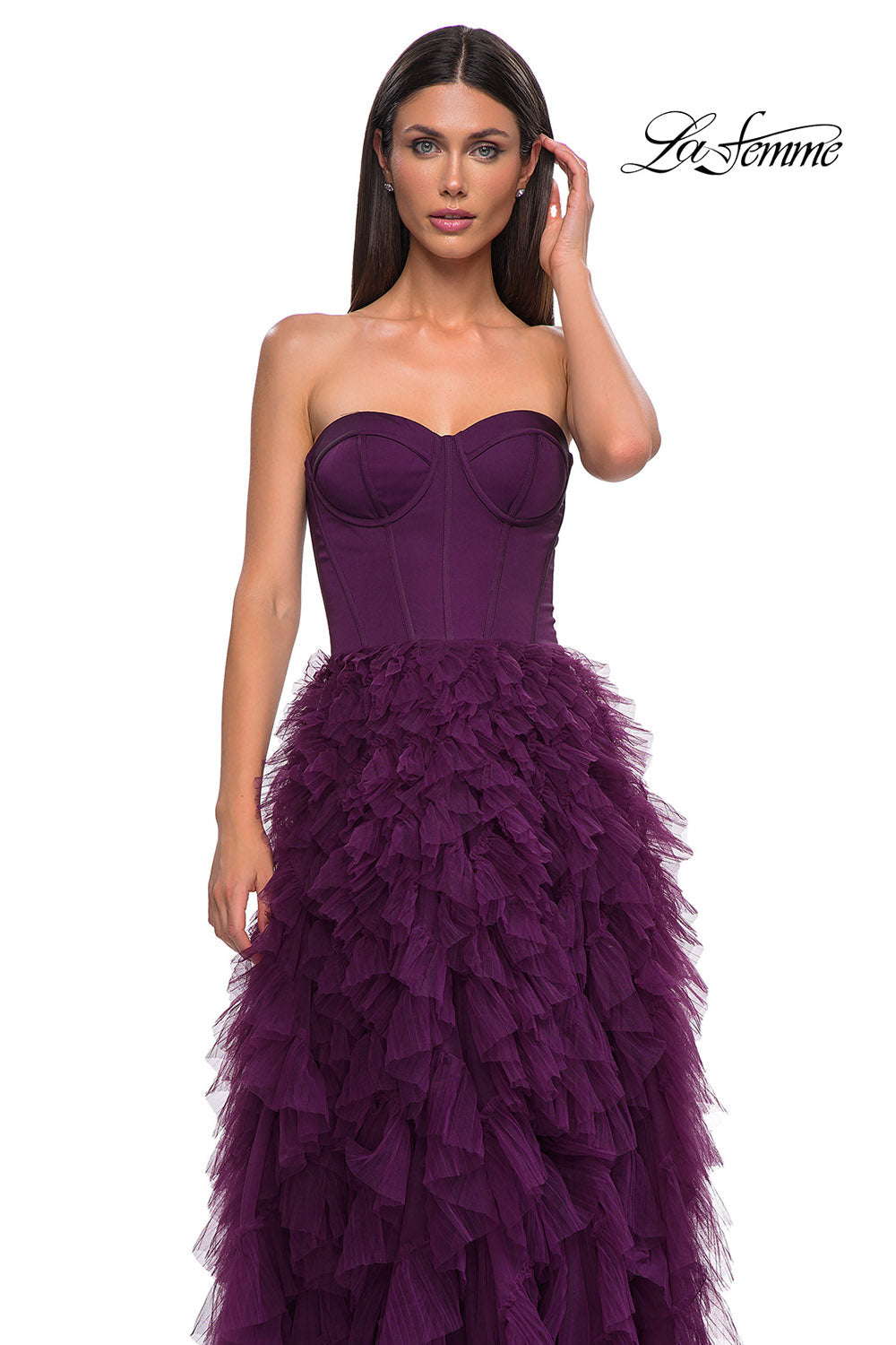 La Femme 32760 prom dress images. La Femme 32760 is available in these colors: Black, Dark Berry.