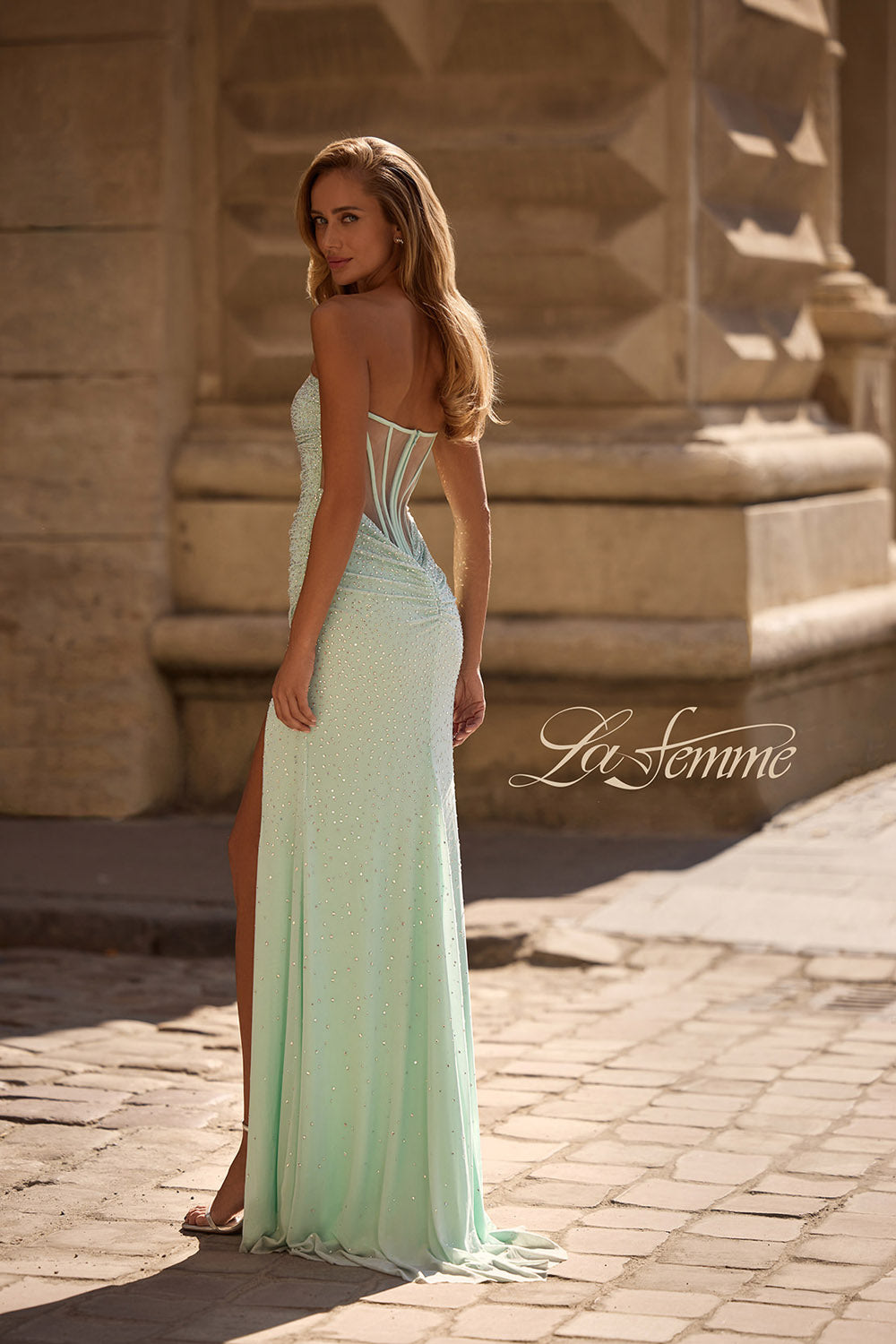 La Femme 32774 prom dress images. La Femme 32774 is available in these colors: Dusty Pink, Light Periwinkle, Nude, Sage.