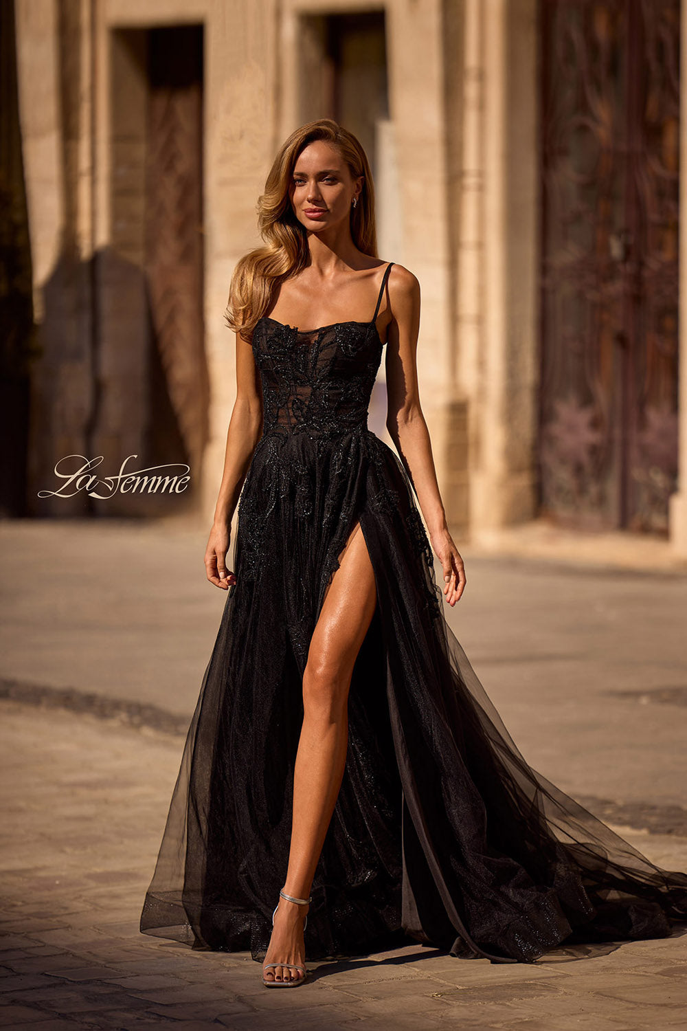 La Femme 32781 prom dress images. La Femme 32781 is available in these colors: Black.
