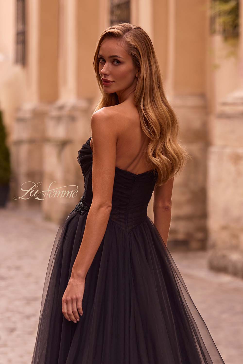 La Femme 32789 prom dress images. La Femme 32789 is available in these colors: Black, Blush, Cloud Blue, Dark Berry, Royal Blue.