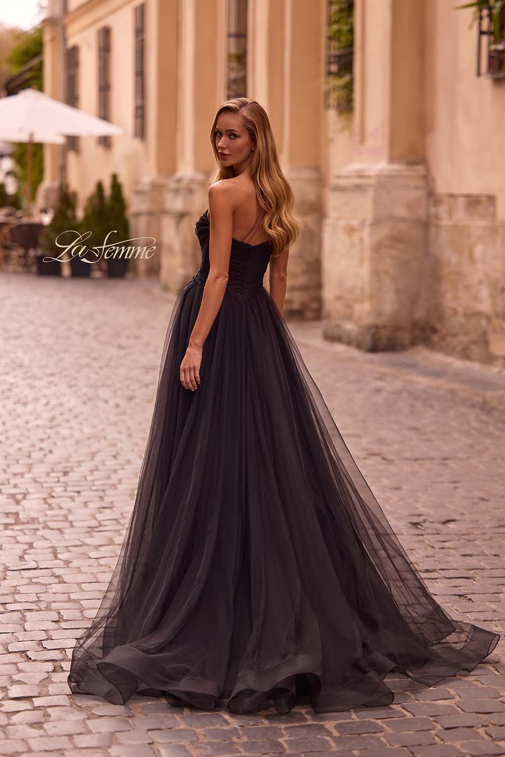 La Femme 32789 prom dress images. La Femme 32789 is available in these colors: Black, Blush, Cloud Blue, Dark Berry, Royal Blue.