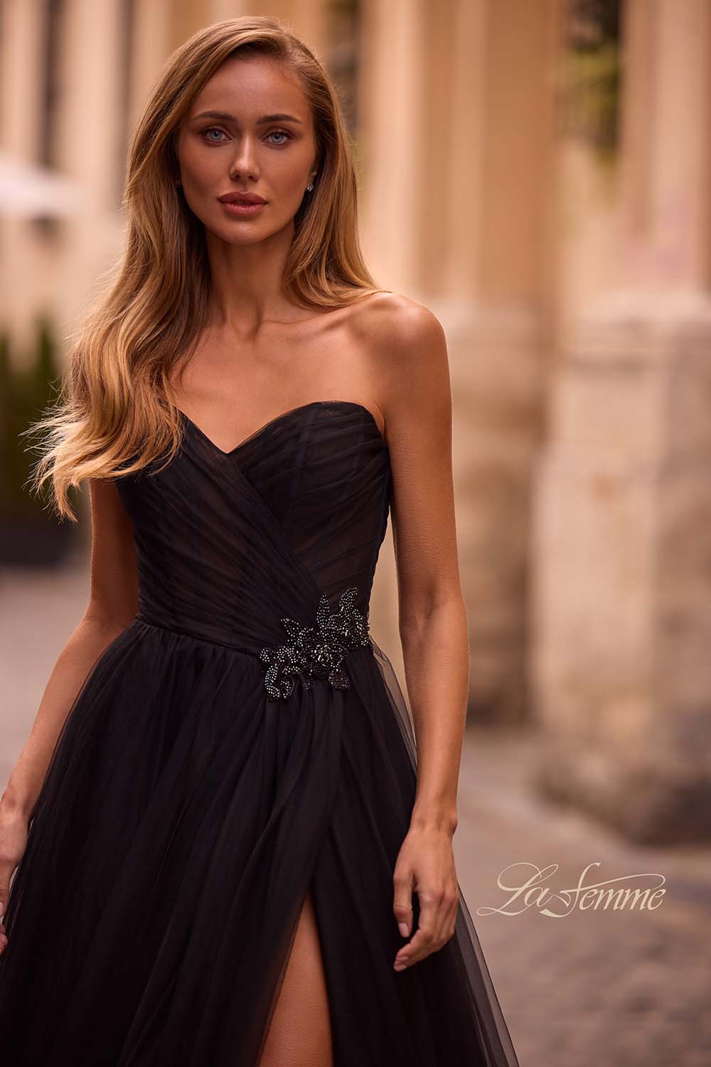 La Femme 32789 prom dress images. La Femme 32789 is available in these colors: Black, Blush, Cloud Blue, Dark Berry, Royal Blue.
