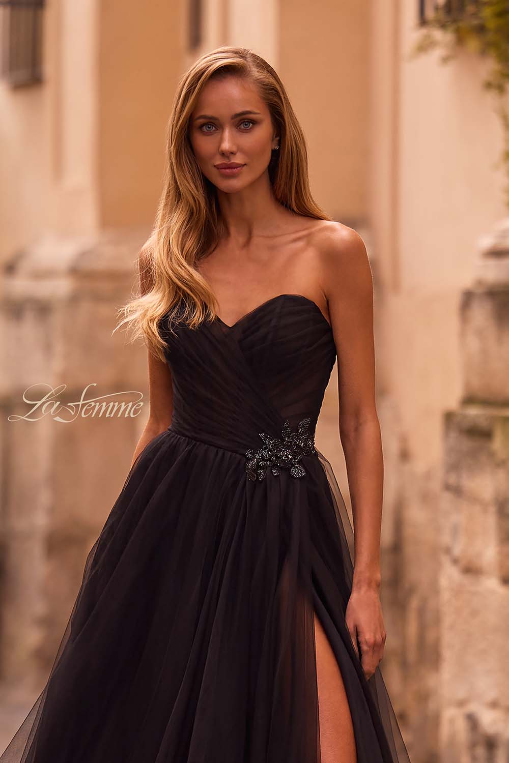 La Femme 32789 prom dress images. La Femme 32789 is available in these colors: Black, Blush, Cloud Blue, Dark Berry, Royal Blue.